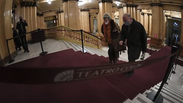 BUENOS AIRES, ARGENTINA - JULY 02: Spectators walk upstairs as they arrive to attend the performance of Orquesta Filarm&oacute;nica de Buenos Aires on the reopening of Teatro Colon amid coronavirus restrictions on July 2, 2021 in Buenos Aires, Argentina. Iconic Teatro Colon reopens for general public at 50% of its capacity after 15 months, due to restrictions to halt spread of COVID-19. (Photo by Amilcar Orfali/Getty Images)