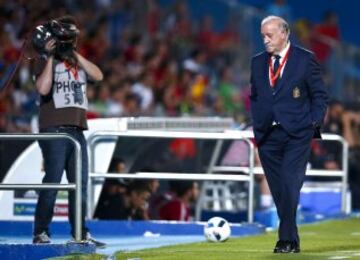 El técnico de la selección española, Vicente del Bosque, durante el encuentro amistoso que disputan esta noche frente a Georgia en el Coliseum Alfonso Pérez, en Getafe. 