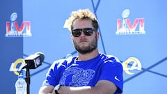 THOUSAND OAKS, CALIFORNIA - FEBRUARY 11: Matthew Stafford #9 of the Los Angeles Rams speaks to the media during a practice for Super Bowl LVI at at California Lutheran University on February 11, 2022 in Thousand Oaks, California.   Kevork Djansezian/Getty