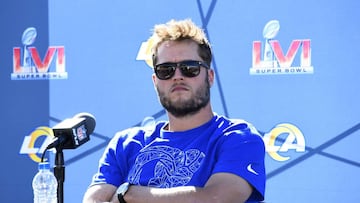 THOUSAND OAKS, CALIFORNIA - FEBRUARY 11: Matthew Stafford #9 of the Los Angeles Rams speaks to the media during a practice for Super Bowl LVI at at California Lutheran University on February 11, 2022 in Thousand Oaks, California. Kevork Djansezian/Getty