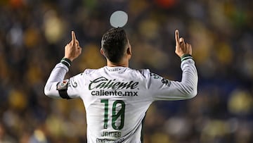 Leon's Colombian midfielder #10 James Rodriguez celebrates after scoring during the Liga MX Clausura football match between America and Leon at the Sports City Stadium in Mexico City on February 19, 2025. (Photo by Yuri CORTEZ / AFP) (Photo by YURI CORTEZ/AFP via Getty Images)