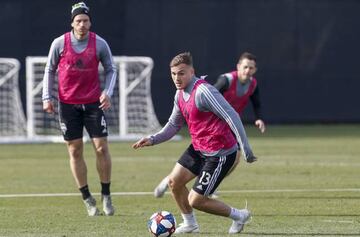 Nov 7, 2019; Tukwila, WA, USA; Seattle Sounders FC forward Jordan Morris (13) participates in a training session at Starfire Sports Training Facility. Mandatory Credit: Joe Nicholson-USA TODAY Sports