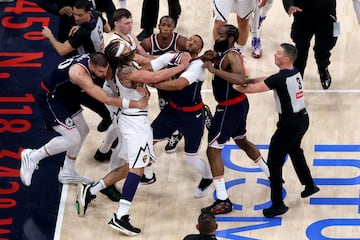 Aaron Gordon #32 of the Denver Nuggets and Norman Powell #24 of the LA Clippers push each other during a skirmish during the second quarter in Game Four of the Western Conference First Round NBA Playoffs at Intuit Dome on April 26, 2025 in Inglewood, California.