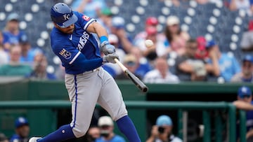 WASHINGTON, DC - SEPTEMBER 26: Tommy Pham #22 of the Kansas City Royals hits an RBI-single against the Washington Nationals during the third inning at Nationals Park on September 26, 2024 in Washington, DC. Jess Rapfogel/Getty Images/AFP (Photo by Jess Rapfogel / GETTY IMAGES NORTH AMERICA / Getty Images via AFP)