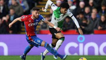 Crystal Palace's English defender #02 Joel Ward (L) fouls Liverpool's Colombian midfielder #07 Luis Diaz (R) during the English Premier League football match between Crystal Palace and Liverpool at Selhurst Park in south London on December 9, 2023. (Photo by Adrian DENNIS / AFP) / RESTRICTED TO EDITORIAL USE. No use with unauthorized audio, video, data, fixture lists, club/league logos or 'live' services. Online in-match use limited to 120 images. An additional 40 images may be used in extra time. No video emulation. Social media in-match use limited to 120 images. An additional 40 images may be used in extra time. No use in betting publications, games or single club/league/player publications. / 