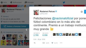 Falcao, Carlos Sánchez, Zúñiga y el FPC felicitan a Nacional