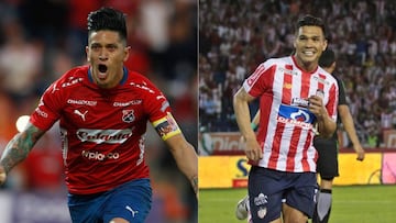 Germ&aacute;n Cano y Te&oacute;filo Guti&eacute;rrez celebrando goles con Medell&iacute;n y Junior respectivamente por Liga &Aacute;guila