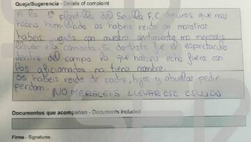 La hoja de reclamaciones de un socio del Sevilla por la Copa