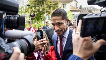 Jose Paolo Guerrero soccer player from Peru, arrives for a hearing at the international Court of Arbitration for Sport, CAS, on his doping ban in Lausanne, Switzerland, Thursday, May 3, 2018. (Jean-Christophe Bott/Keystone via AP)