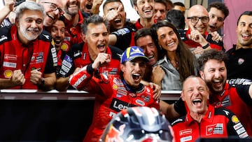 Ducati Lenovo's Spanish rider Marc Marquez (C) celebrates with teammates after winning the Qatar MotoGP Grand Prix at the Lusail International Circuit in Lusail, north of Doha, on April 13, 2025. (Photo by Karim JAAFAR / AFP)