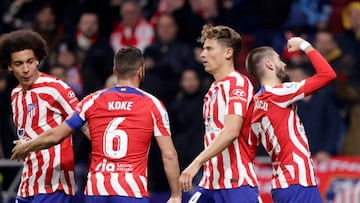 MADRID, SPAIN - MARCH 4: Yannick Carrasco of Atletico Madrid celebrates 4-1 with Marcos Llorente of Atletico Madrid, Koke Resureccion of Atletico Madrid, Axel Witsel of Atletico Madrid  during the La Liga Santander  match between Atletico Madrid v Sevilla at the Estadio Civitas Metropolitano on March 4, 2023 in Madrid Spain (Photo by David S. Bustamante/Soccrates/Getty Images)