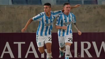 Argentina's Racing Anibal Moreno (R) celebrates with teammate Carlos Alcaraz after scoring against Brazil's Cuiaba during the Copa Sudamericana group stage football match at the Pantanal Arena in Cuiaba, Brazil, on May 3, 2022. (Photo by NELSON ALMEIDA / AFP) (Photo by NELSON ALMEIDA/AFP via Getty Images)