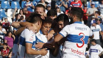 Futbol, Universidad Catolica vs Palestino. 
 Octava fecha, campeonato 2018.
 El jugador de Universidad Catolica Diego Buonanotte, centro, celebra con sus compa&Atilde;&plusmn;eros despues de convertir un gol contra Palestino durante el partido de primera 