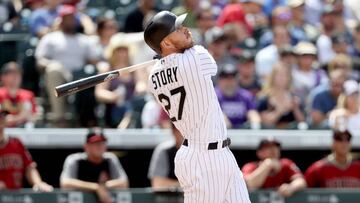 DENVER, CO - MAY 07: Trevor Story #27 of the Colorado Rockies hits a RBI double in the sixth inning against the Arizona Diamondbacks at Coors Field on May 7, 2017 in Denver, Colorado.   Matthew Stockman/Getty Images/AFP
 == FOR NEWSPAPERS, INTERNET, TELCOS &amp; TELEVISION USE ONLY ==