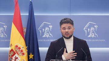 El portavoz de ERC en el Congreso, Gabriel Rufián, durante una rueda de prensa anterior a la reunión de la Junta de Portavoces, en el Congreso de los Diputados, a 14 de febrero de 2023, en Madrid (España).
14 FEBRERO 2023;PRENSA;RUEDA DE PRENSA;CONGRESO;JUNTA DE PORTAVOCES;POLITICOS
Eduardo Parra / Europa Press
14/02/2023