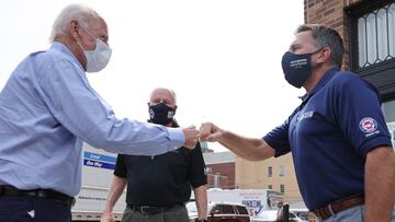 HARRISBURG, PENNSYLVANIA - SEPTEMBER 07: Democratic presidential nominee Joe Biden (L) greets local labor leaders ahead of a virtual event at the union's state headquarters on Labor Day, September 07, 2020 in Harrisburg, Pennsylvania. Due to the ongo