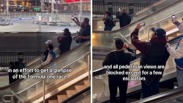 F1 fans turn mall escalators into moving grandstands to catch a glimpse of Las Vegas GP