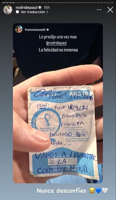 La increíble predicción de Rodrigo de Paul sobre la Copa del Mundo que escribió ¡en una figurita!