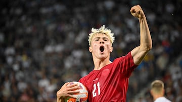 Denmark's forward Rasmus Hojlund celebrates after scoring a goal during Group H Euro 2024 Qualifying match between Slovenia and Denmark at the Stozice Stadium in Ljubljana, Slovenia on June 19, 2023. (Photo by Jure Makovec / AFP)