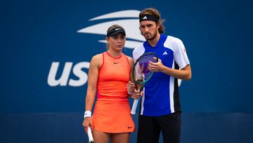 NEW YORK, NEW YORK - AUGUST 30: Paula Badosa of Spain and Stefano Tsitsipas of Greece in action against Giuliana Olmos of Mexico and Santiago Gonzales of Mexico in the first round of mixed doubles on Day 5 of the US Open at USTA Billie Jean King National Tennis Center on August 30, 2024 in New York City (Photo by Robert Prange/Getty Images)
