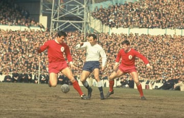 Liverpool's Ron Yeats and Tommy Smith try to keep Jimmy Greaves at bay at White Hart Lane, 1965.