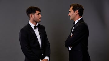 BERLIN, - SEPTEMBER 19: Carlos Alcaraz of Team Europe and Roger Federer speak in the photobooth during the Opening Night Gala of the Laver Cup 2024 at WECC on September 19, 2024 in Berlin, . (Photo by Clive Brunskill/Getty Images for Laver Cup)