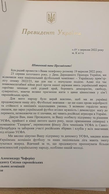 La carta de Zelenski a Ceferin: “Que se acabe la Superliga...”