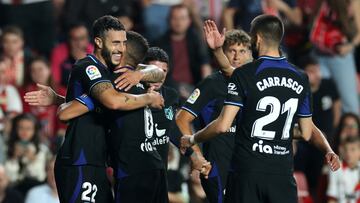 Hermoso, Koke, Carrasco y Llorente celebran el 0-2 en el Rayo-Atlético.