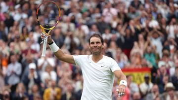 LONDON, ENGLAND - JUNE 30: Rafael Nadal of Spain celebrates against Ricardas Berankis of Lithuania at the end of their Gentlemen's Singles Second Round match
 during day four of The Championships Wimbledon 2022 at All England Lawn Tennis and Croquet Club on June 30, 2022 in London, England. (Photo by Rob Newell - CameraSport via Getty Images)