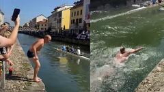 Un fanático de Newcastle se mete a nadar en el rio en Milán