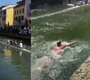 Un fanático de Newcastle se mete a nadar en el rio en Milán