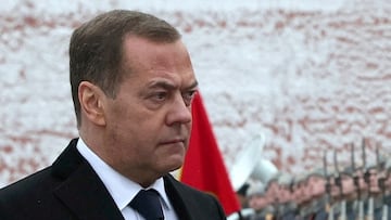 FILE PHOTO: Russia's Deputy head of the Security Council Dmitry Medvedev takes part in a wreath laying ceremony marking Defender of the Fatherland Day at the Tomb of the Unknown Soldier by the Kremlin Wall in Moscow, Russia, February 23, 2024. Sputnik/Yekaterina Shtukina/Pool via REUTERS ATTENTION EDITORS - THIS IMAGE WAS PROVIDED BY A THIRD PARTY./File Photo