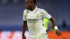 Real Madrid's Brazilian forward Vinicius Junior controls the ball during the UEFA Champions League quarter final first leg football match between Real Madrid CF and Chelsea FC at the Santiago Bernabeu stadium in Madrid on April 12, 2023. (Photo by PIERRE-PHILIPPE MARCOU / AFP)