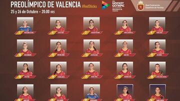 Lista de las 18 jugadoras convocadas por Adrian Lock para el preol&iacute;mpico de Valencia de la selecci&oacute;n espa&ntilde;ola de hockey hierba femenino.
