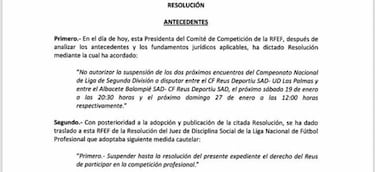 Oficial: el Reus-Las Palmas, suspendido cautelarmente