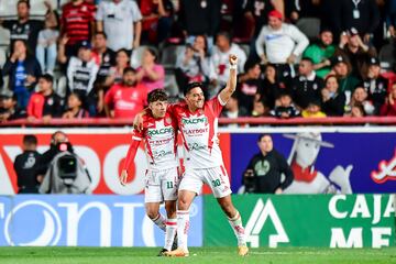 Ricardo Monreal celebrates his goal 1-1 with Heriberto Jurado of Necaxa  during the 1st round match between Necaxa and Atlas as part of the Torneo Clausura 2024 Liga MX at Victoria Stadium on January 14, 2024 in Aguascalientes, Aguascalientes, Mexico.