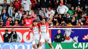 Ricardo Monreal celebrates his goal 1-1 with Heriberto Jurado of Necaxa  during the 1st round match between Necaxa and Atlas as part of the Torneo Clausura 2024 Liga MX at Victoria Stadium on January 14, 2024 in Aguascalientes, Aguascalientes, Mexico.