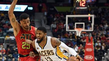 Mar 5, 2017; Atlanta, GA, USA; Indiana Pacers forward Paul George (13) drives to the basket against Atlanta Hawks forward Thabo Sefolosha (25) during the first quarter at Philips Arena. Mandatory Credit: John David Mercer-USA TODAY Sports