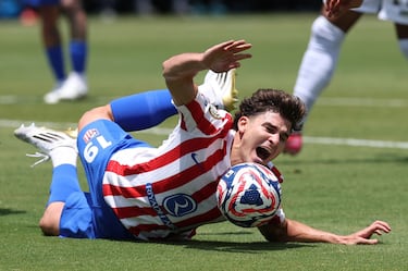 Julián Álvarez cae sobre el césped del Rose Bowl.