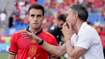 MALAGA, SPAIN - JUNE 12: (L-R) Raul De Tomas of Spain, coach Luis Enrique of Spain  during the  UEFA Nations league match between Spain  v Czech Republic  at the Estadio La Rosaleda on June 12, 2022 in Malaga Spain (Photo by David S. Bustamante/Soccrates/Getty Images)