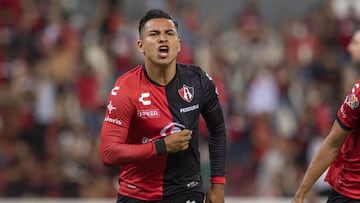 Ian Jairo Torres celebrates his goal 1-0 of Atlas during the game Atlas vs Puebla, corresponding to first leg match Quarterfinal of the Torneo Clausura Guard1anes 2021 of the Liga BBVA MX, at Jalisco Stadium, on May 12, 2021.
<br><br>
Ia