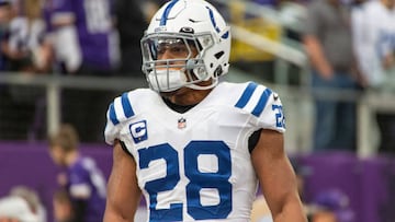 MINNEAPOLIS, MN - DECEMBER 17: Indianapolis Colts running back Jonathan Taylor (28) looks on before the NFL game between the Indianapolis Colts and Minnesota Vikings on December 17th, 2022, at U.S. Bank Stadium in Minneapolis, MN. (Photo by Bailey Hillesheim/Icon Sportswire via Getty Images)