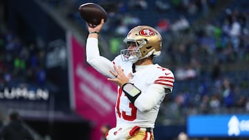 Jan 17, 2026; Seattle, WA, USA; San Francisco 49ers quarterback Brock Purdy (13) warms up prior to a game against the Seattle Seahawks in an NFC Divisional Round game at Lumen Field. Mandatory Credit: Kevin Ng-Imagn Images