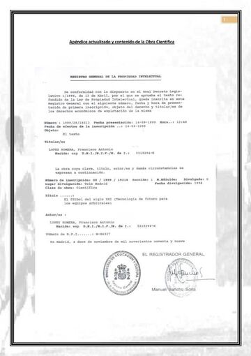 Documento de entrada en el Registro de la Propiedad Intelectual de su proyecto de videoarbitraje.