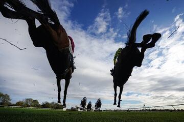 Dos caballos saltan una valla en un momento de la carrera de persecución para novatos que tuvo lugar el día 9 durante el Memorial John Southgate, celebrado en el hipódromo de Huntingdon (Inglaterra). La imagen fue captada por una cámara instalada en uno de los obstáculos del recorrido, ofreciendo una perspectiva diferente a las habituales.
