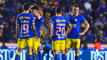 Miguel Layun, Richard Sanchez and Jonathan Rodriguez of America during the Final first leg match between rodriguezTigres UANL and Club America as part of Torneo Apertura 2023 Liga BBVA MX, at Universitario Stadium, December 14, 2023, in Monterrey Nuevo Leon, Mexico.