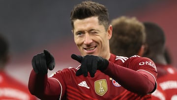 Robert Lewandowskiduring the Bundesliga match between FC Bayern M&uuml;nchen and VfL Wolfsburg at Allianz Arena on December 17, 2021 in Munich, Germany. 