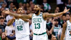 May 9, 2018; Boston, MA, USA; Boston Celtics forward Marcus Morris (13) reacts to a foul in the first half against the Philadelphia 76ers in game five of the second round of the 2018 NBA Playoffs at the TD Garden. Mandatory Credit: Greg M. Cooper-USA TODAY Sports