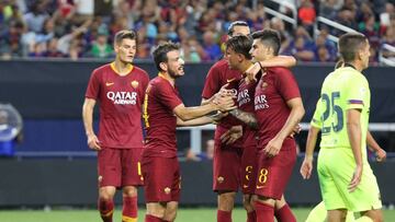 Jul 31, 2018; Dallas, TX, USA; AS Roma midfielder Alessandro Florenzi (24) celebrates a second half goal with teammates against FC Barcelona during an International Champions Cup soccer match at AT&T Stadium. Mandatory Credit: Matthew Emmons-USA TODAY