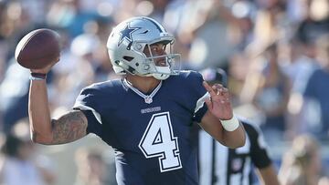 LOS ANGELES, CALIFORNIA - AUGUST 13: Quarterback Dak Prescott #4 of the Dallas Cowboys throws a pass against the Los Angeles Rams at the Los Angeles Coliseum during preseason on August 13, 2016 in Los Angeles, California.   Stephen Dunn/Getty Images/AFP
 == FOR NEWSPAPERS, INTERNET, TELCOS &amp; TELEVISION USE ONLY ==